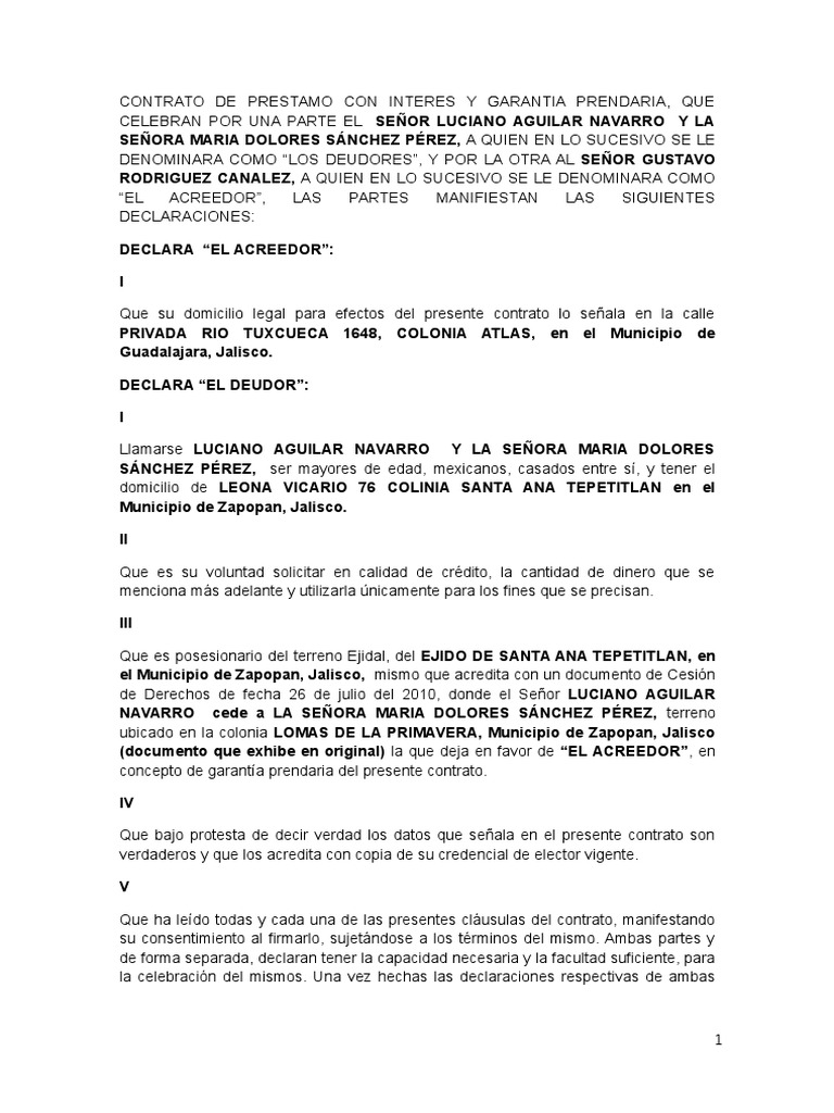 Contrato de Prestamo Con Interes y Garantia Prendaria