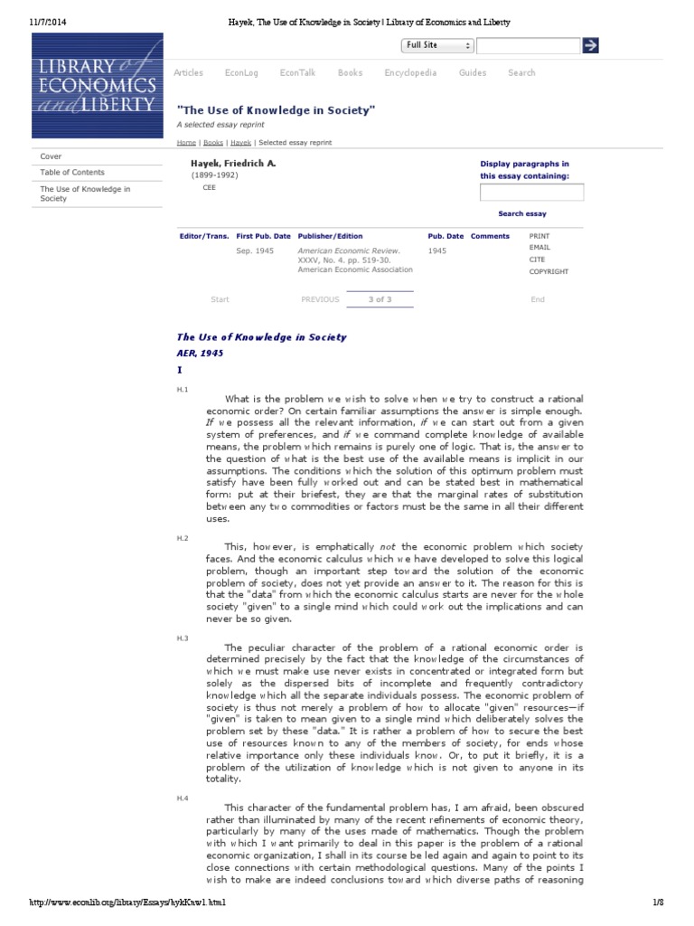 The use of knowledge in society by hayek pdf economics knowledge