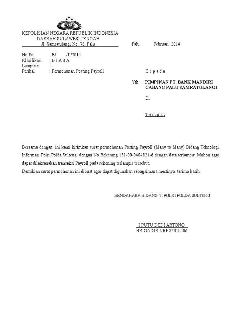 Surat Permohonan Payroll Bank Mandiri Guru Galeri