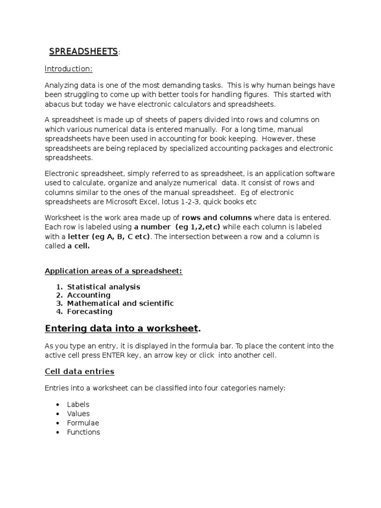Spreadsheets Notes Spreadsheet Formula