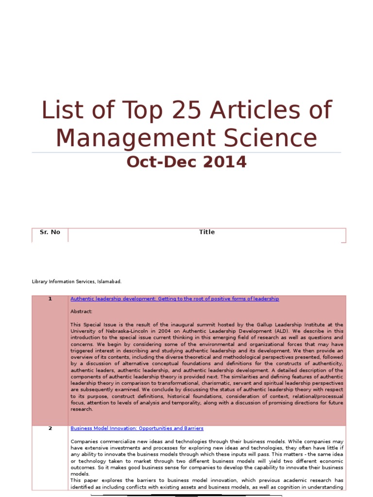 Top 25 Management Science Articles 2014 | PDF | Leadership | Social Media