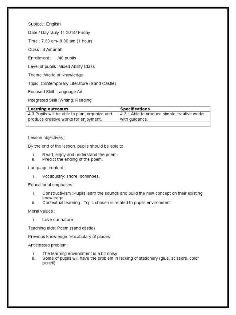 Year 4 Sand Castle Poem Lesson Plan | PDF | Poetry | Constructivism ...