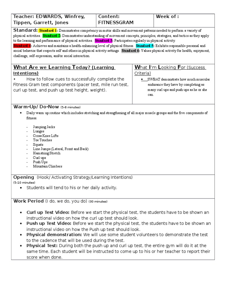 lessonplanfitnessgram Physical Exercise Physical Fitness