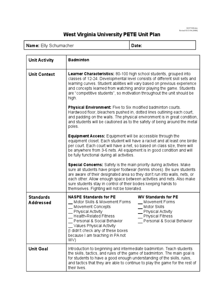 badminton unit planhs Physical Education Cognition