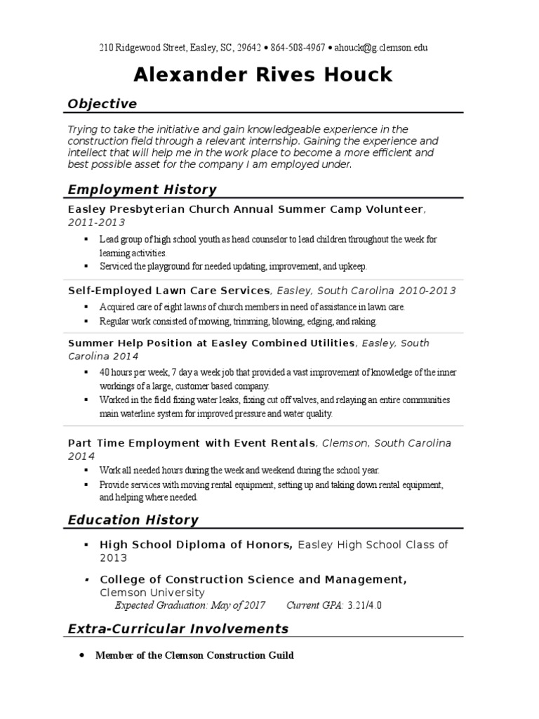 Construction Internship Resume of A. Houck | PDF | Business | Wellness