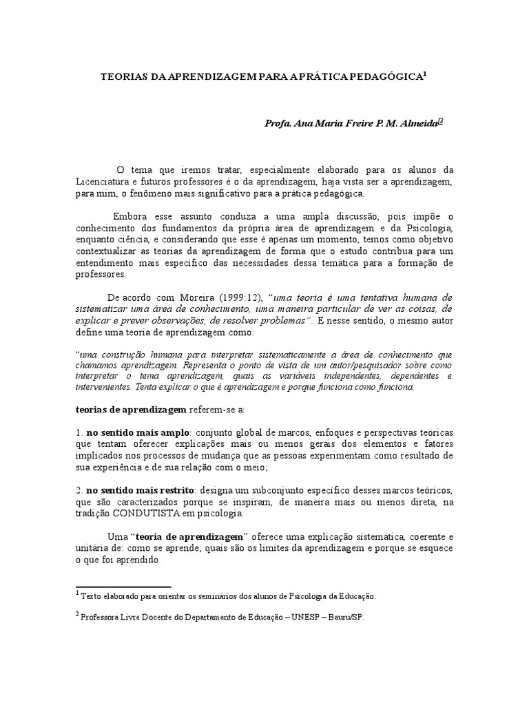 Teorias da Aprendizagem na Educação | PDF | Behaviorismo | Aprendizado