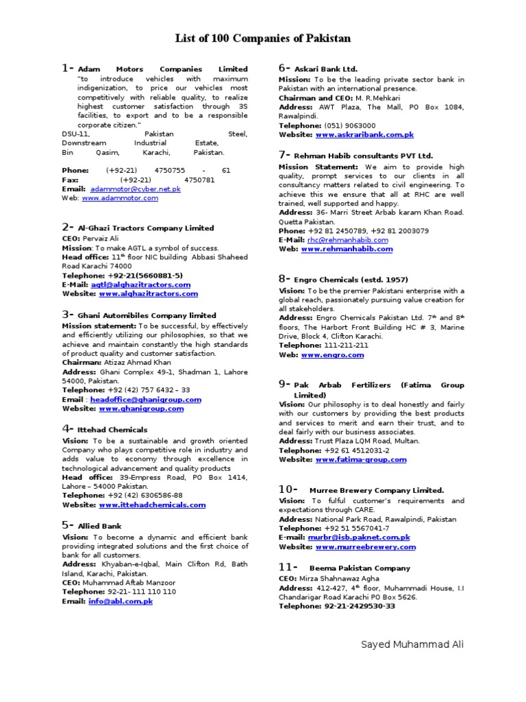 List of 100 Companies of Pakistan | Karachi | Pakistan