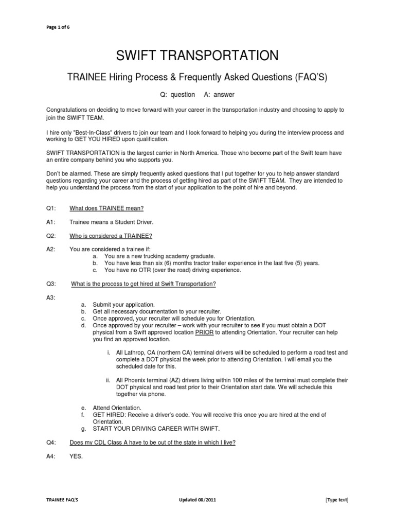 Swift Trainee Information Sheet Faqs | PDF | Truck Driver | Road Transport