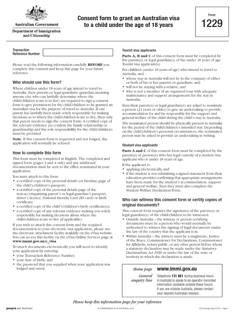 Consent Form To Grant An Australian Visa To A Child Under The Age of 18 ...
