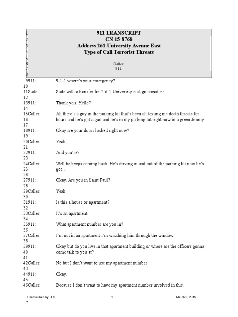 Transcript of 911 Call | PDF | 9 1 1 | Leisure