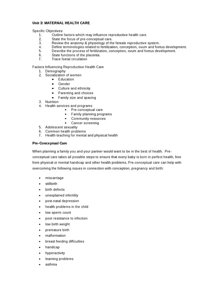 Maternal Health Care: Pre-Conception Guide | PDF | Pregnancy | Fetus