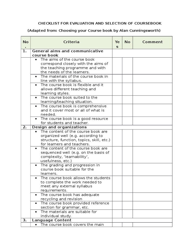 Coursebook Evaluation Checklist | PDF | Textbook | Learning