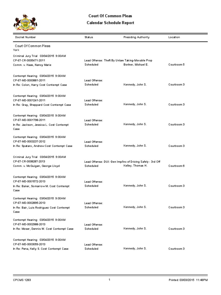 York County Court Schedule For 3/4/15 | PDF | Courtroom | Contempt Of Court