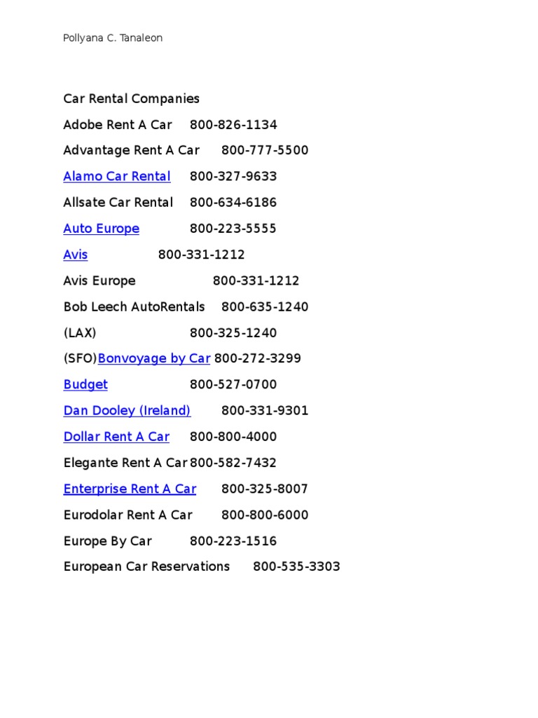 Car Rental Companies Contact List | PDF