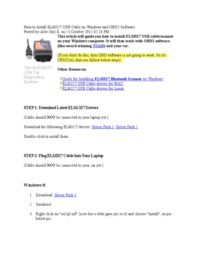 How To Install ELM327 USB Cable On Windows And OBD2 Software | PDF.