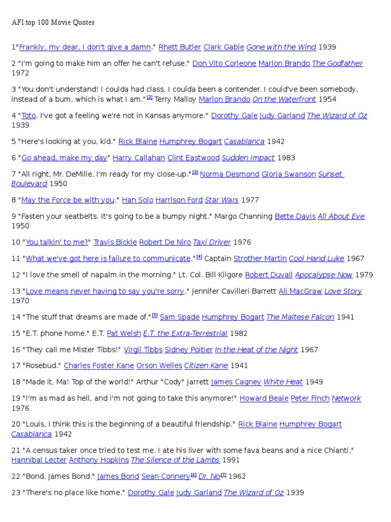 Afi 100 Movie Quotes Pdf Leisure