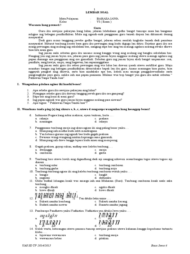 Soal Pas Kelas 2 Semester 1 Bahasa Jawa