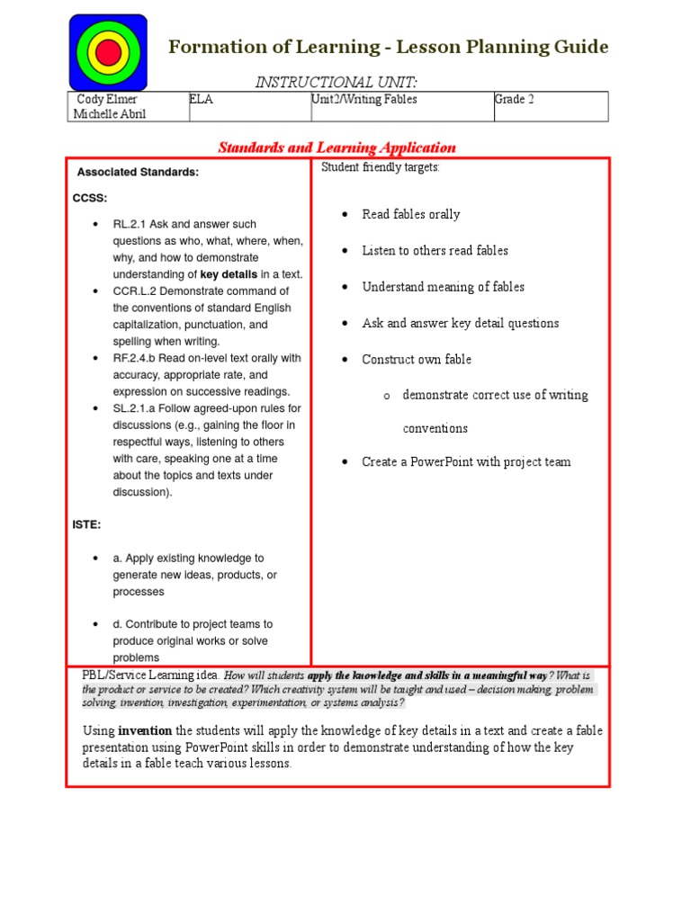 Formation of Learning - Lesson Planning Guide: Standards and Learning ...