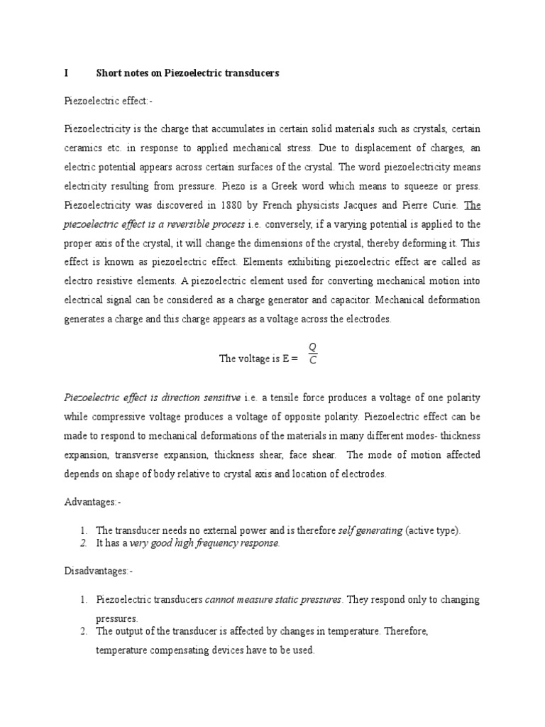 Short Notes On Piezo Electric Transducers | PDF | Piezoelectricity ...