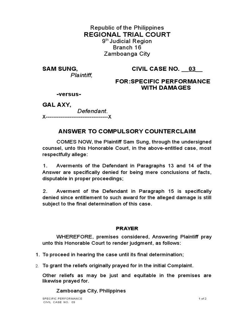 Answer to Compulsory Counterclaim | PDF | Lawsuit | Government