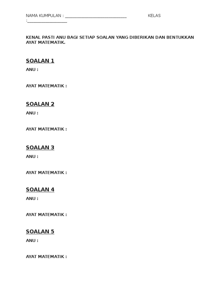 Kenal Pasti Anu Bagi Setiap Soalan Yang Diberikan Dan Bentukkan Ayat Matematik Pdf
