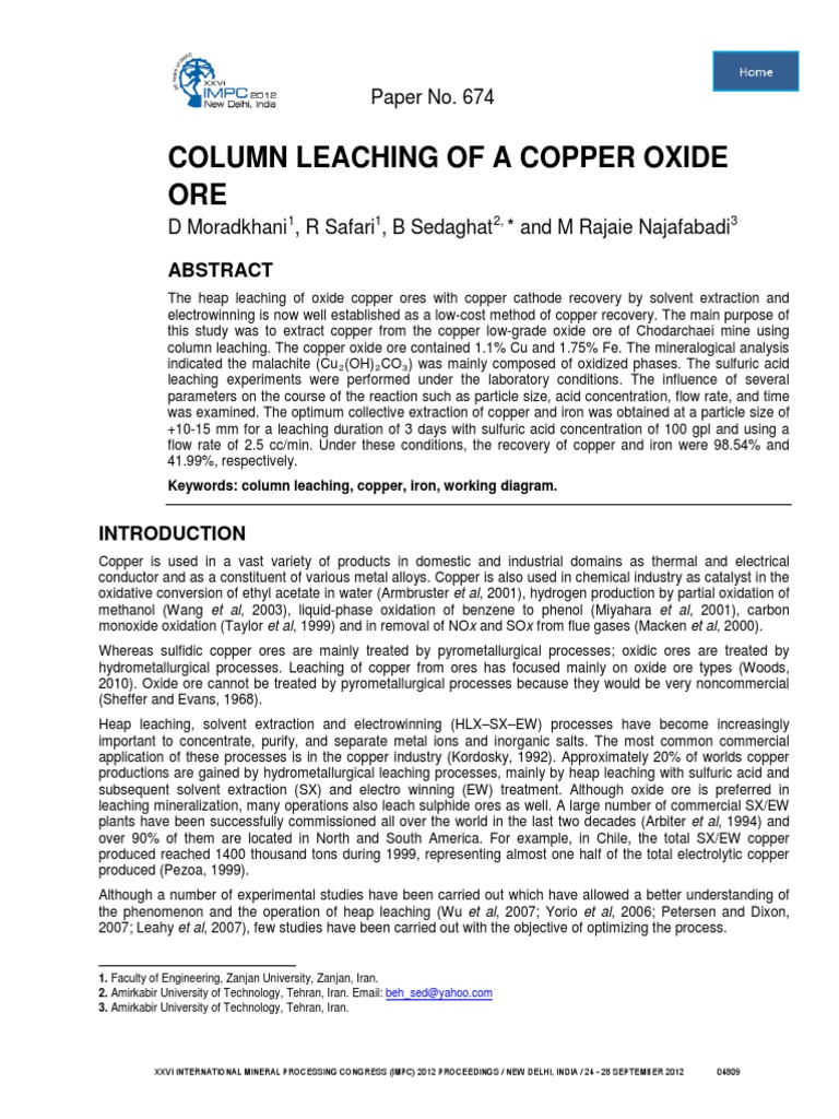Column Leaching of A Copper Oxide Ore PDF Copper Chemical Elements
