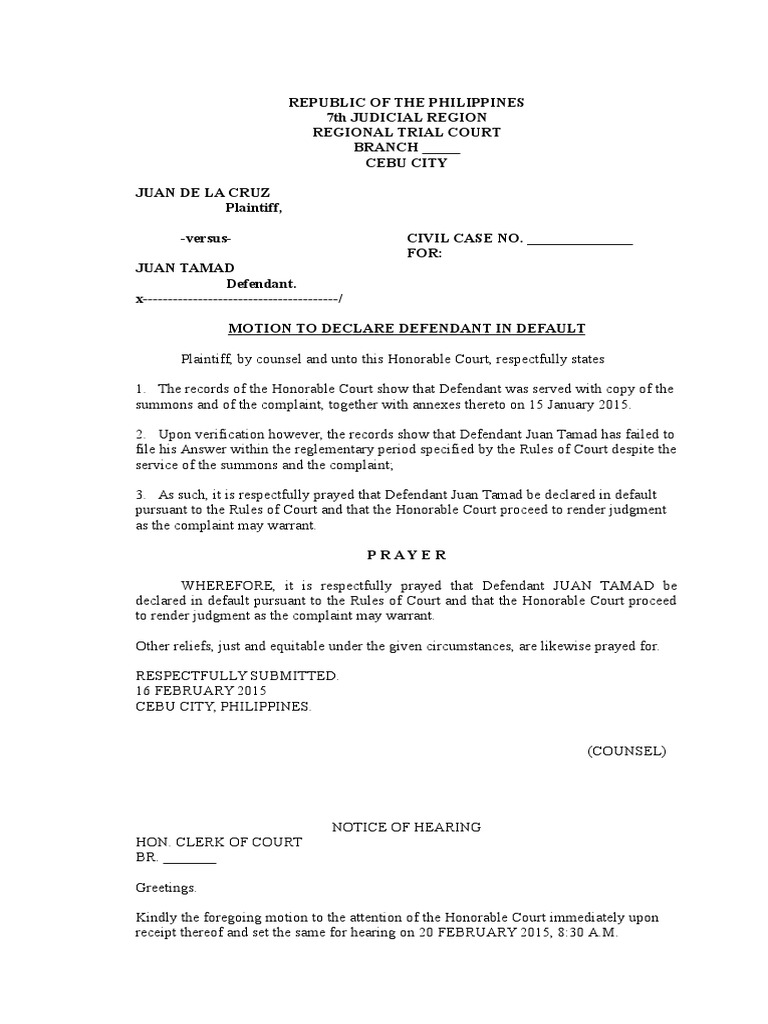 Motion to declare defendant in default