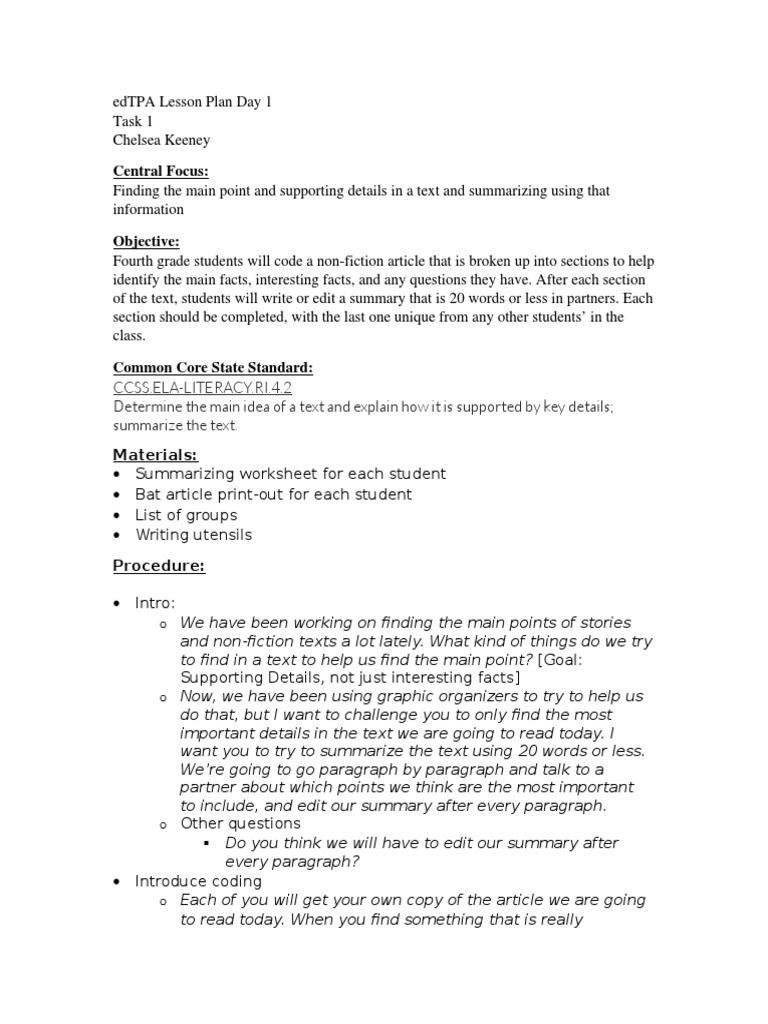 Edtpa Task 1 Day 1 Pdf Lesson Plan Paragraph