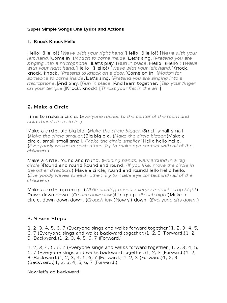 Super Simple Songs Lyrics and Actions | PDF | Thumb | Hand