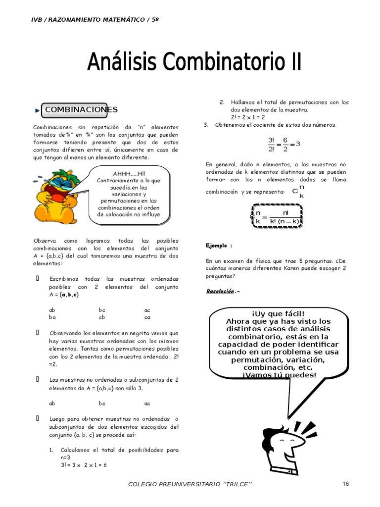 Ejercicios de Combinaciones para Primaria | PDF | Permutación ...