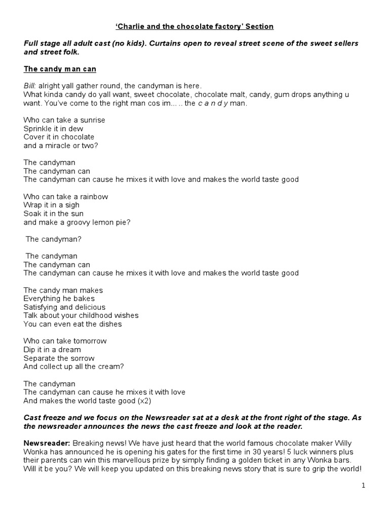 Charlie and the Chocolate Factory Script | PDF | Confectionery | Foods