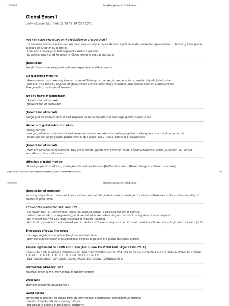 Globalization Insights for Exam 1 | PDF | Globalization | Foreign ...