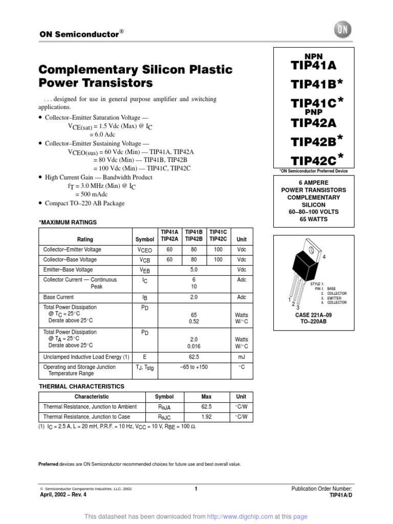 datasheet TIP41C Bipolar Junction Transistor Transistor