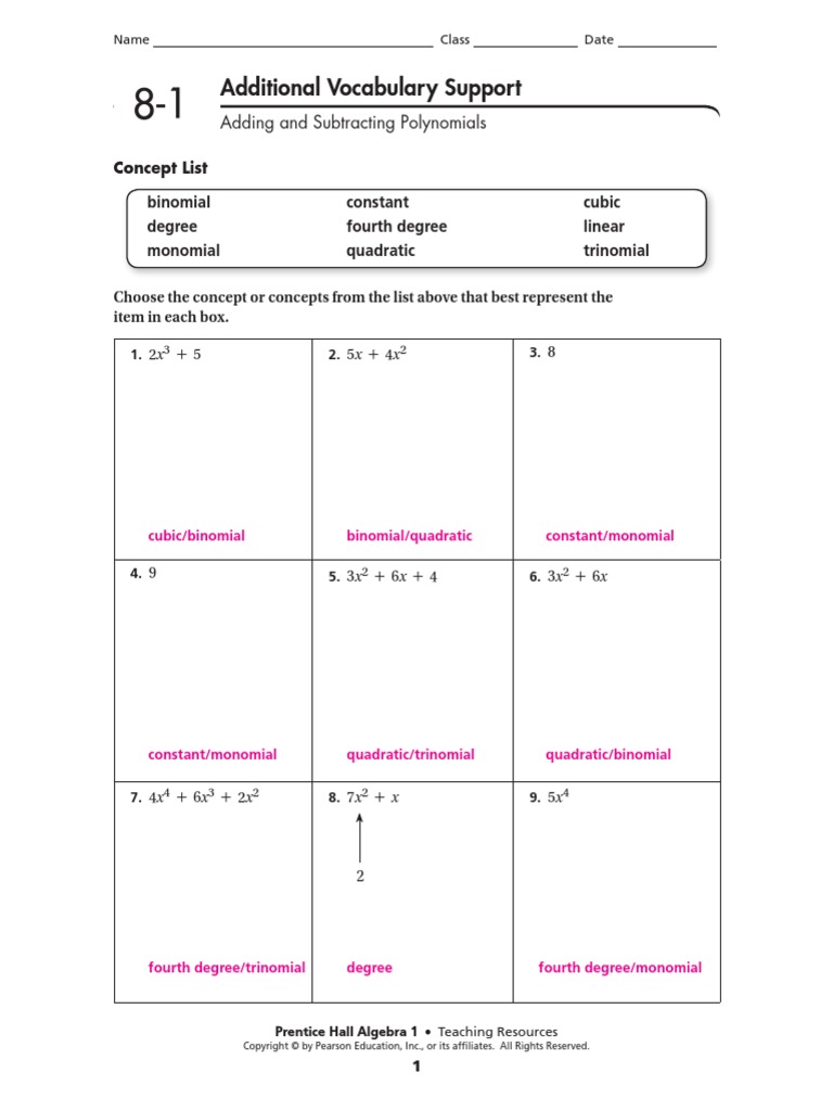 worksheet Multiplying Special Case Polynomials chapter 8 answer key factorization polynomial