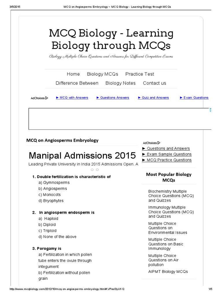MCQ On Angiosperms Embryology MCQ Biology Learning Biology Through