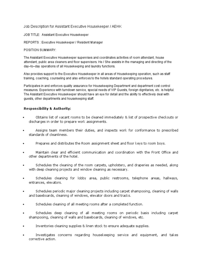Job Description for Assistant Executive Housekeeper Housekeeping Employment