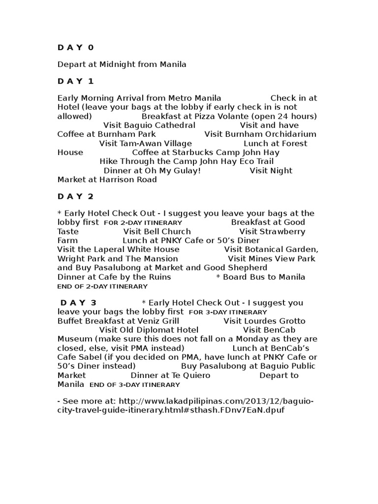 Baguio 3-Day Travel Itinerary Guide | PDF
