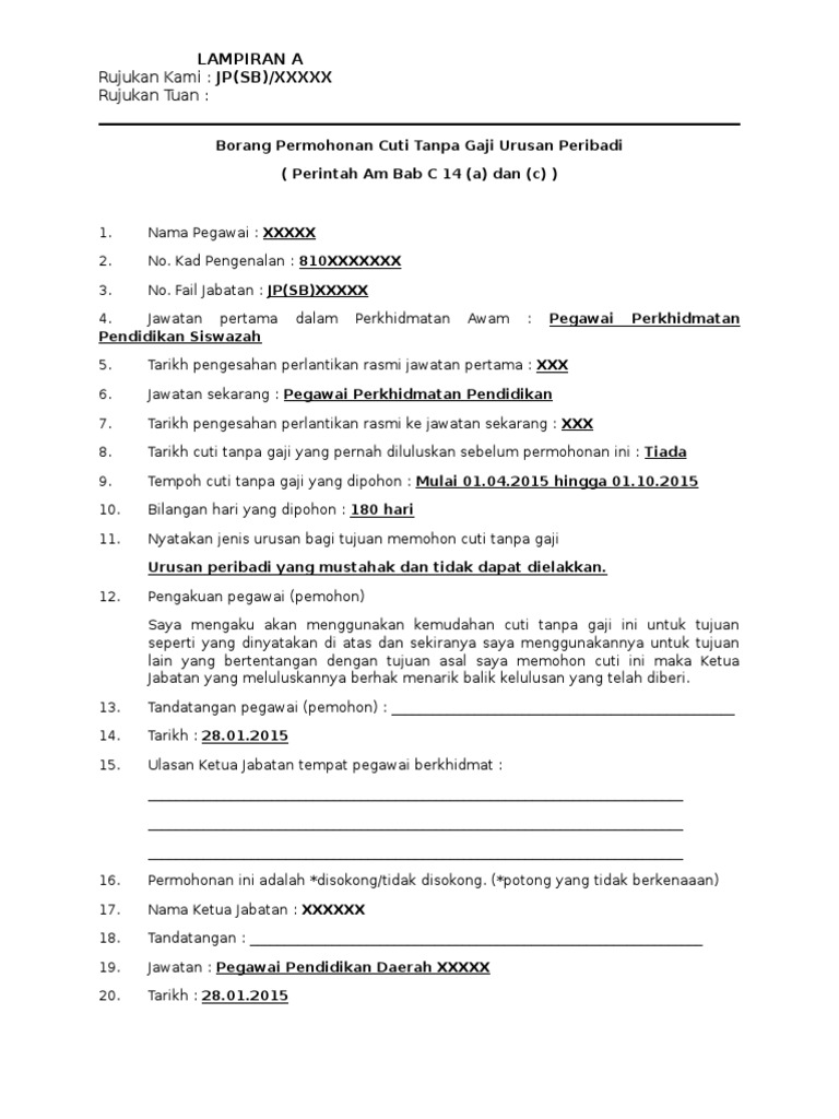 Borang Permohonan Cuti Tanpa Gaji Urusan Peribadi Pdf