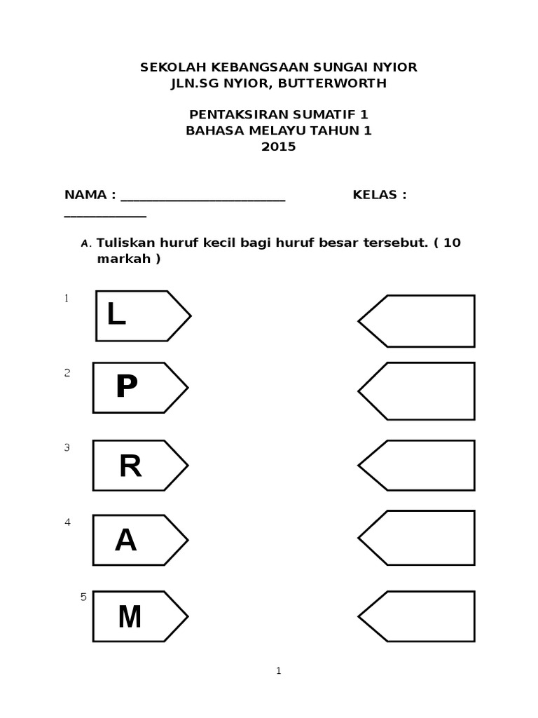 Soalan Ujian 1 Bm Thn 1 2015