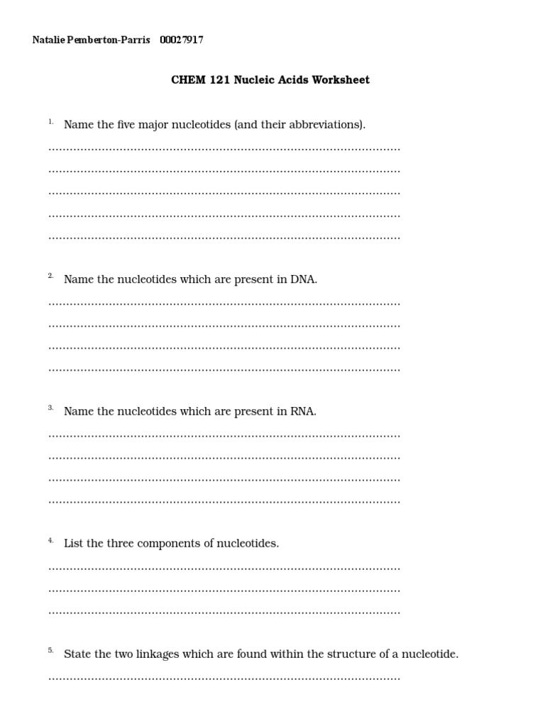 Nucleic Acids Worksheet PDF Molecular Organic Acids