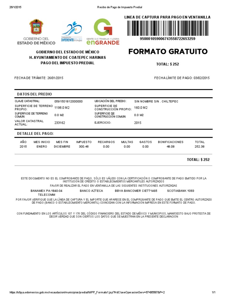 Recibo de Pago Impuesto Predial 2015 | PDF