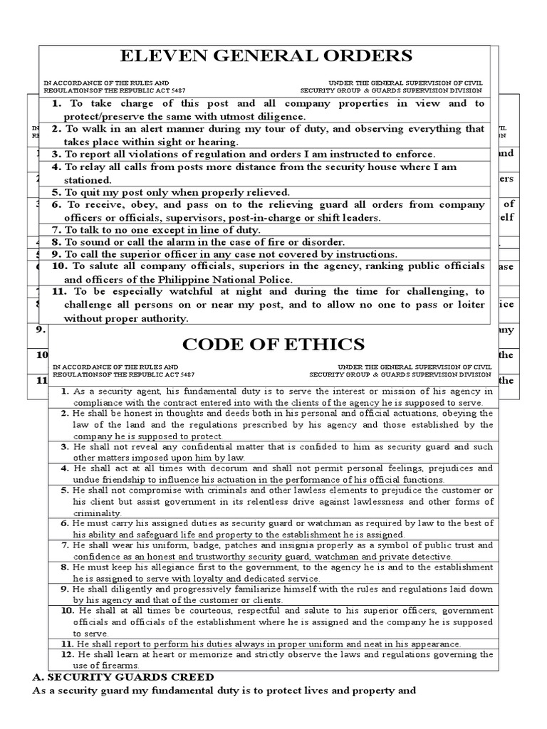 Eleven General Orders Ethics Conduct Security Guard Police