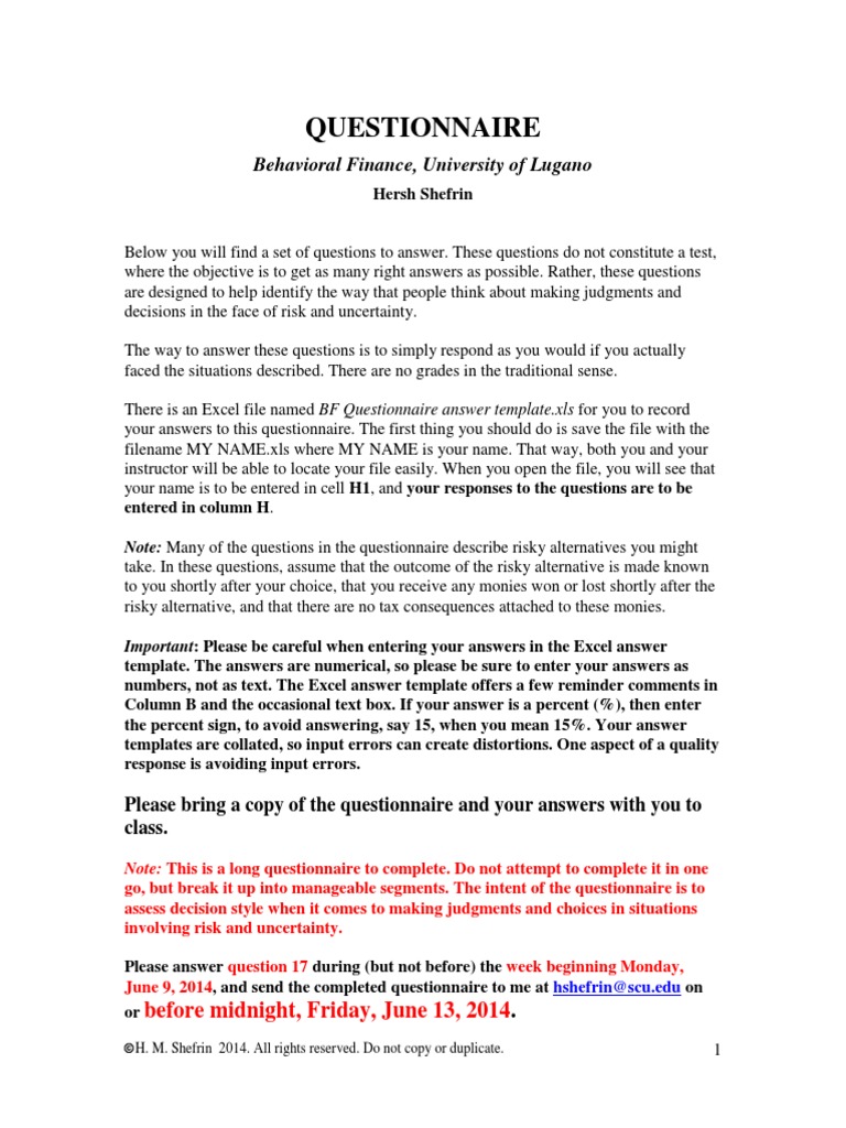 Behavioral Finance Questionnaire Instructions | PDF | Risk | Microsoft ...