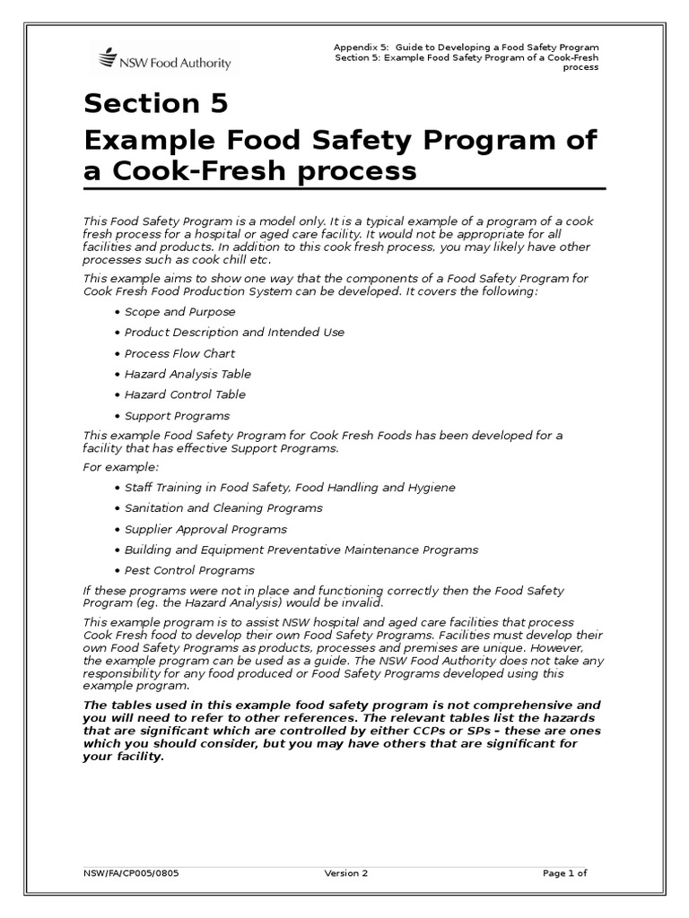 Appendix 5 Section 5 Example Food Safety Program PDF Food Safety Meal