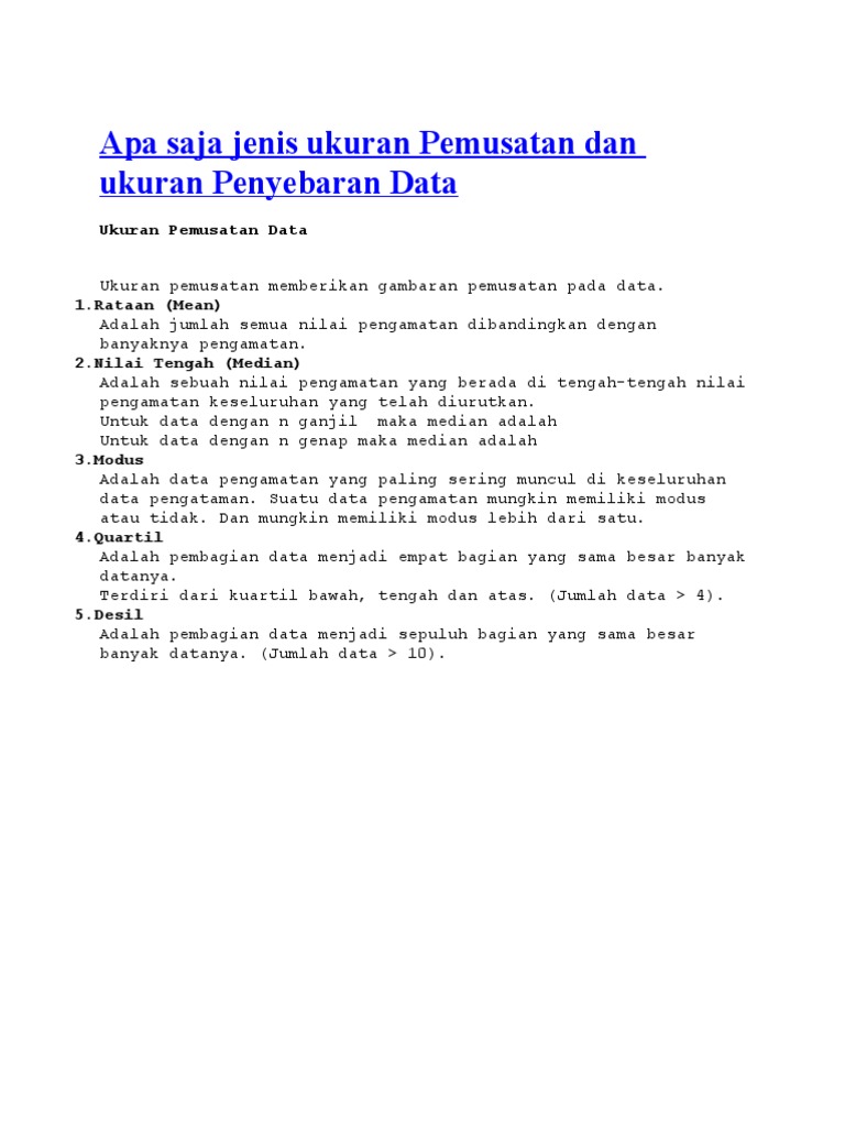 Apa Saja Jenis Ukuran Pemusatan Dan Ukuran Penyebaran Data Docx