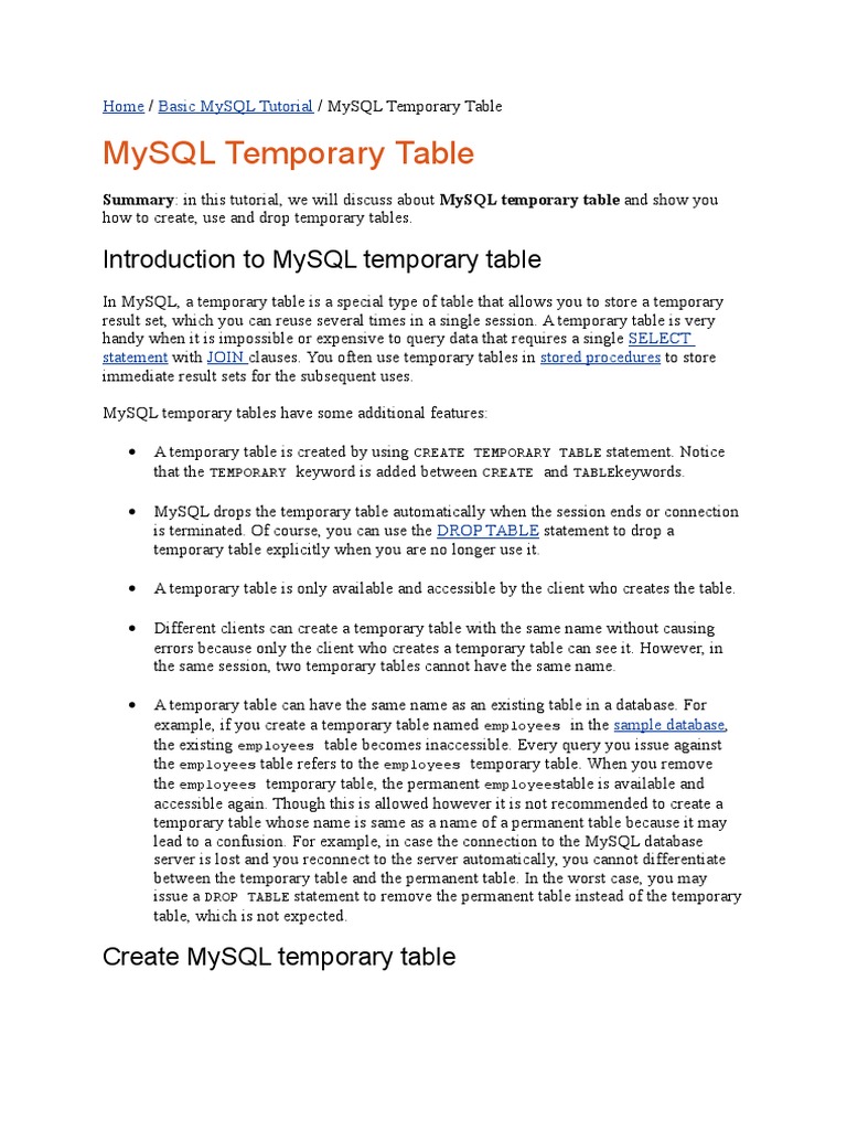MySQL Temporary Table Guide | PDF | Database Index | Table (Database)
