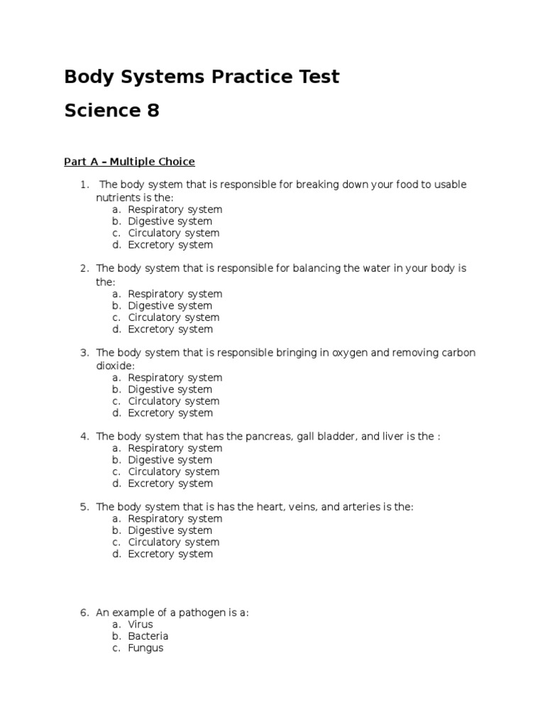 Body Systems Practice Test PDF | PDF