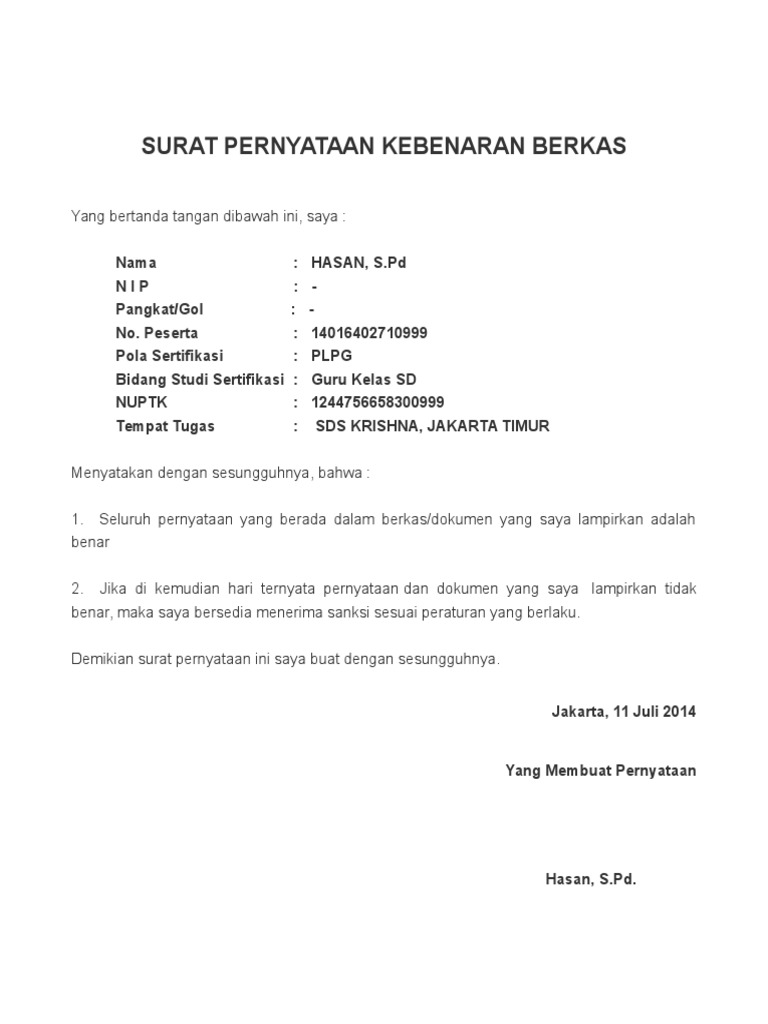 Contoh Surat Pernyataan Kebenaran Berkas