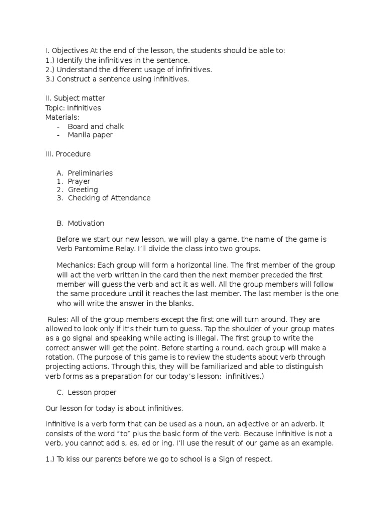 semi detailed 9th grade lesson Plan (Infinitives) | Verb | Adjective