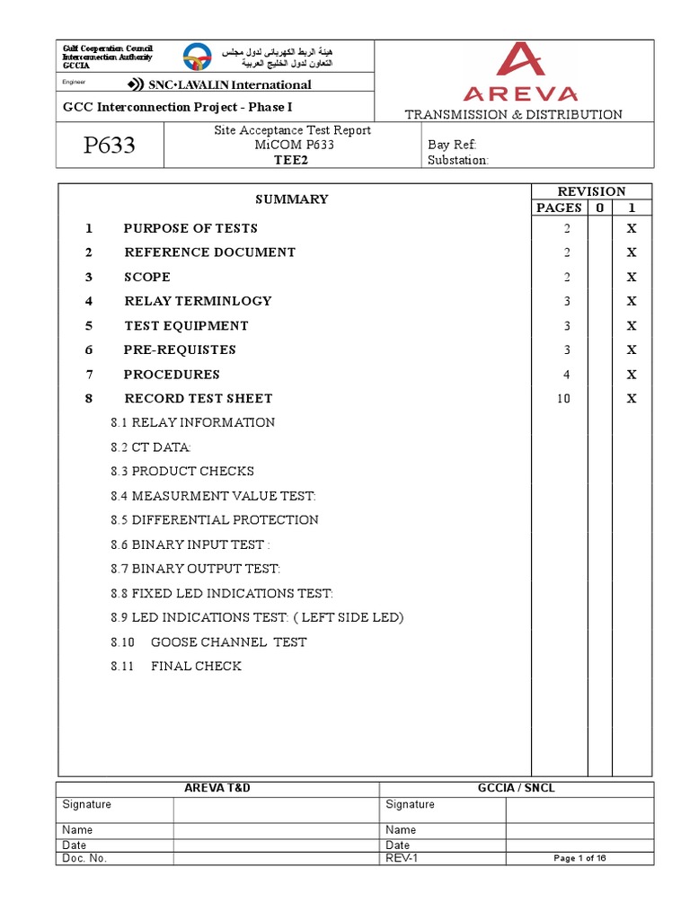 Site Acceptance Test Report for P633 Differential Relay Testing